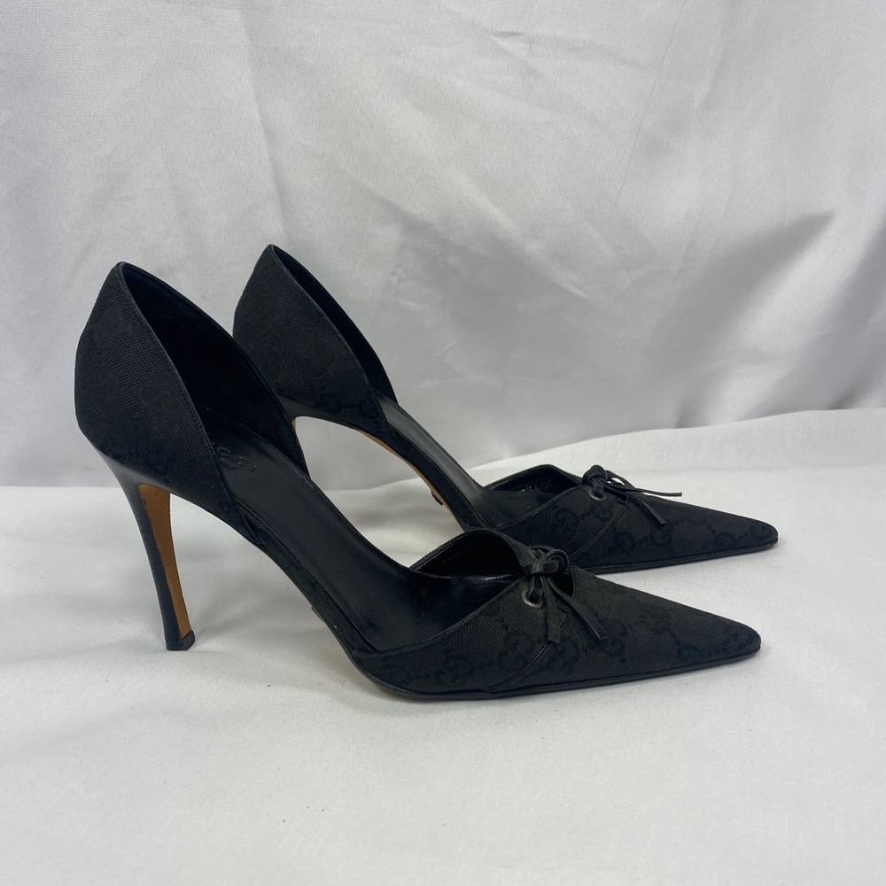 GUCCI d'Orsay Pumps GG Monogram Canvas Leather Pointed Toe Stiletto Heels
